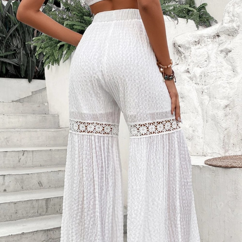 White Boho Womens Solid Contrast Lace Wide Leg Pants - Picture 3 of 5